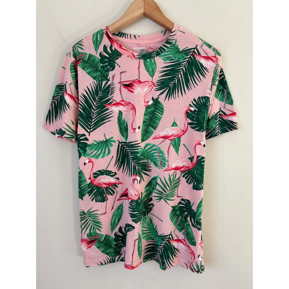 Old Navy Womens Pink Flamingo Palm Tropical Print Soft Washed T-Shirt Small